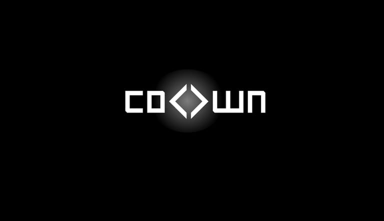 A modern, minimalist logo design featuring the word "COOWN" in bold, geometric white lettering against a pure black background. The logo incorporates a
