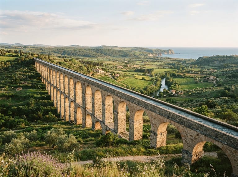 Aqueduct crossing a green valley
