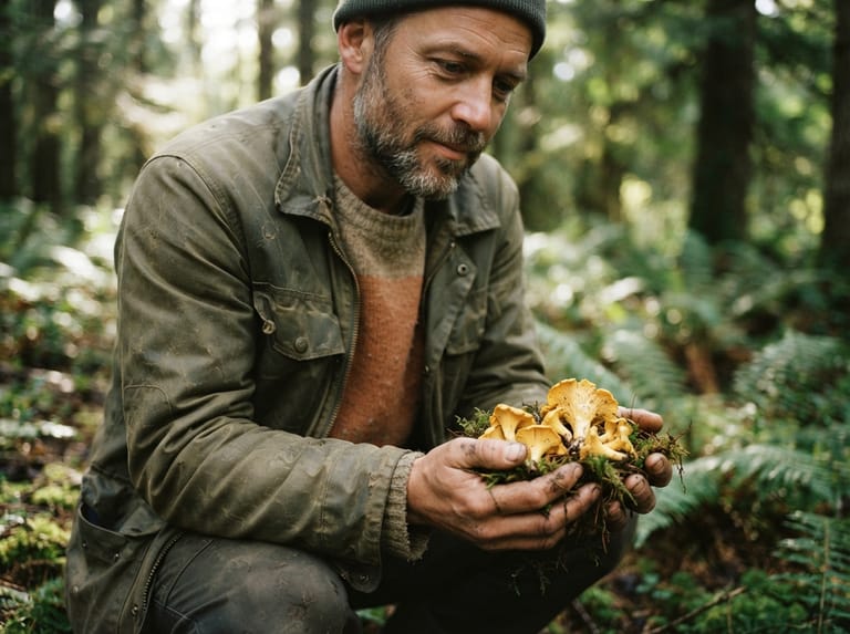 Chris Doyle holding chanterelle mushrooms in a forest