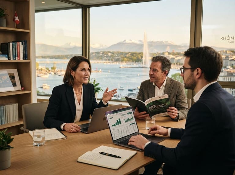 Advisors reviewing impact investment data with a view of Geneva