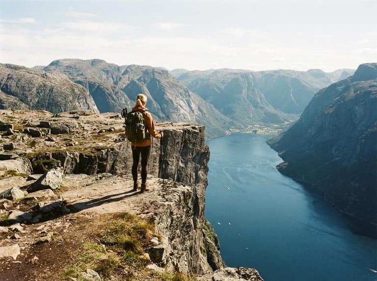Hiker looking out from a cliff above a fjord
