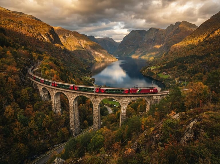 Norwegian train crossing a mountain viaduct above a fjord