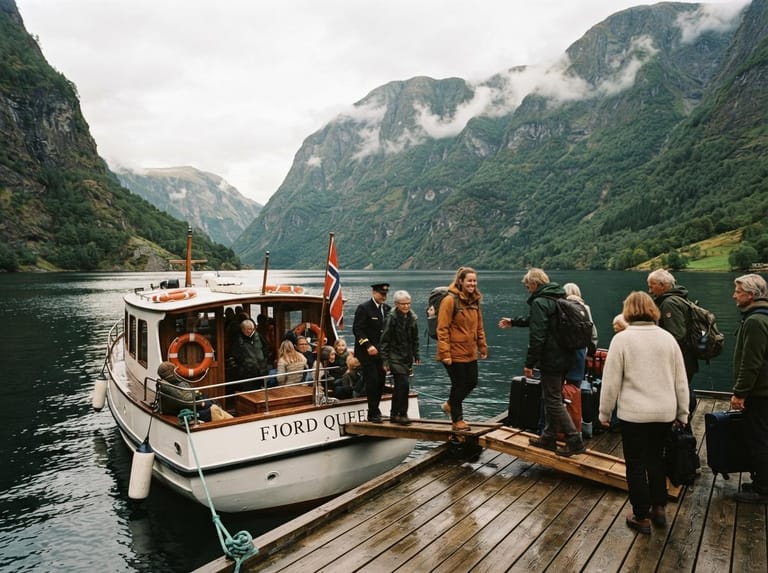 Travelers boarding a fjord cruise boat at a pier