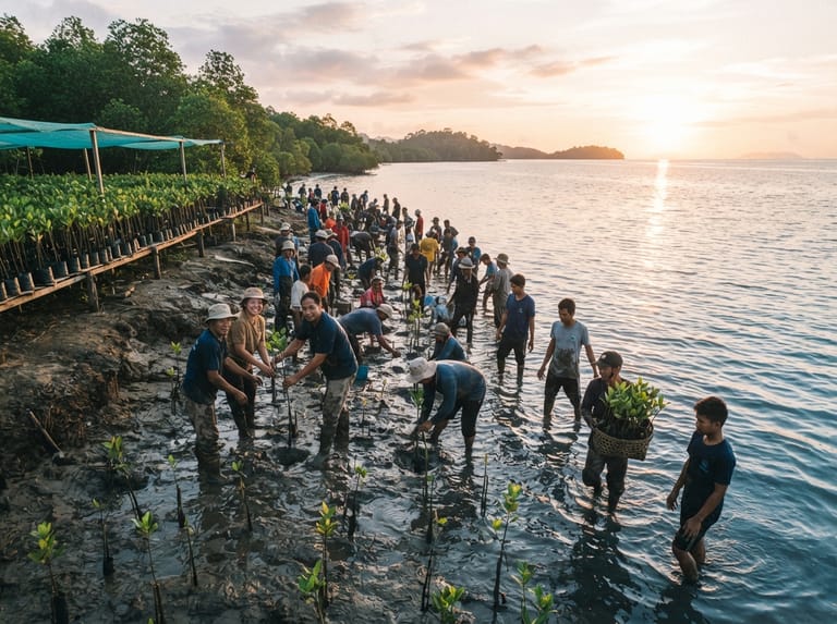 Community members planting mangrove saplings along a coastal shoreline