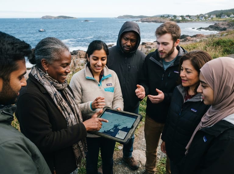People coordinating around a shared digital dashboard in a coastal community setting