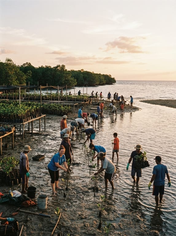 Coastal mangrove restoration site with community members working near the water
