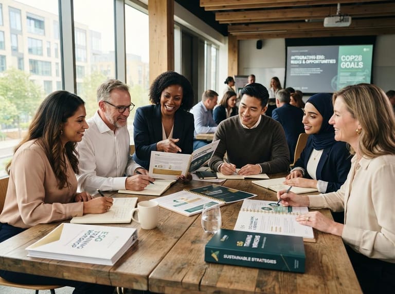Professionals reviewing ESG toolkit materials in a workshop